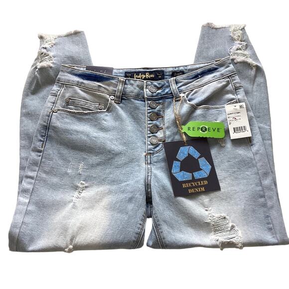 Indigo Rain Juniors Button Fly Distressed High-Rise Crop Jeans Size 5 - Picture 2 of 6